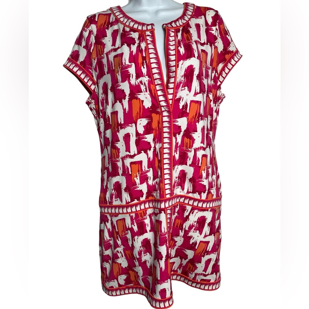 BCBGMaxAzria Pink White Orange Abstract Print Tunic Dress